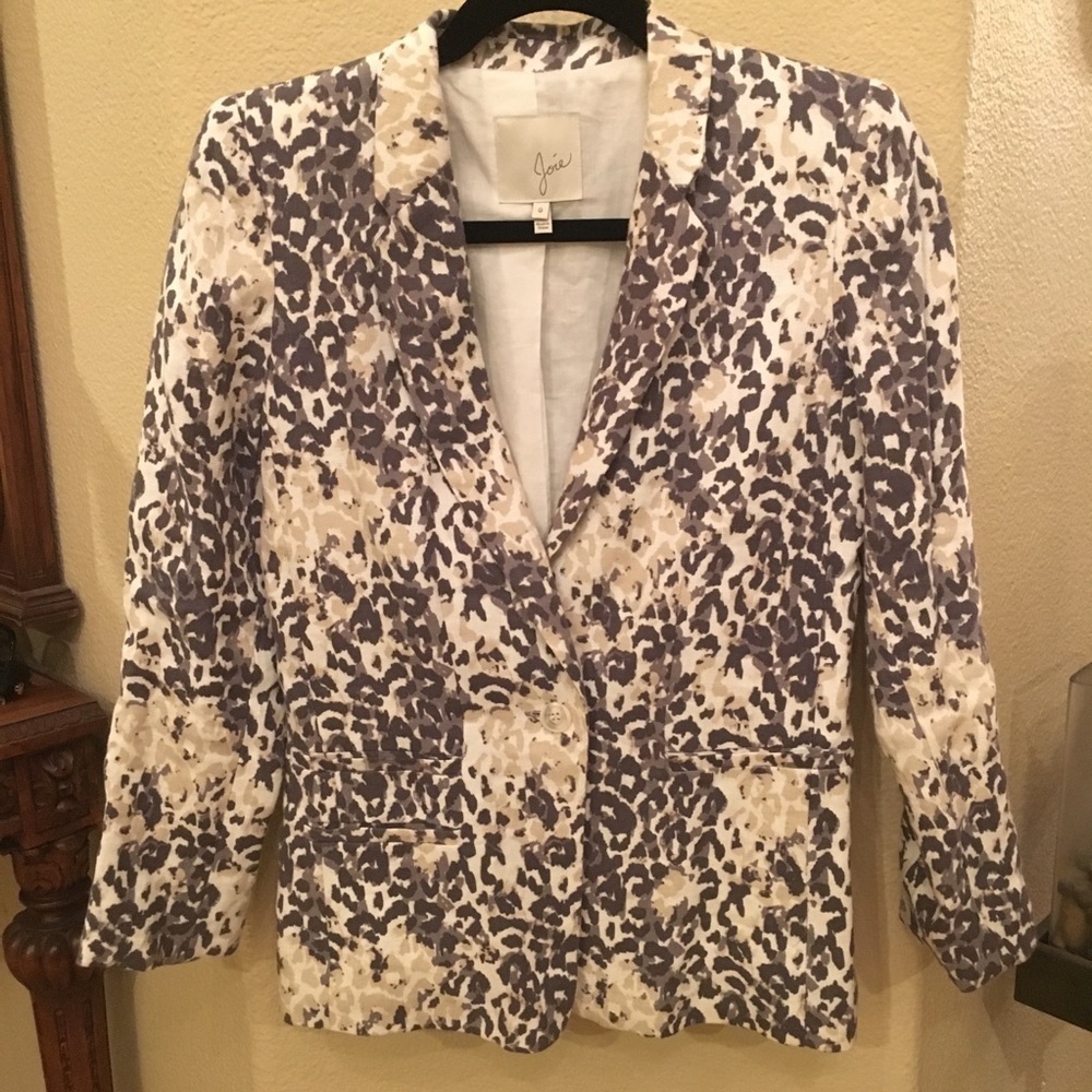 JOIE Women Gray Cream Mehira 100% Linen Leopard Print Blazer Jacket Size 0